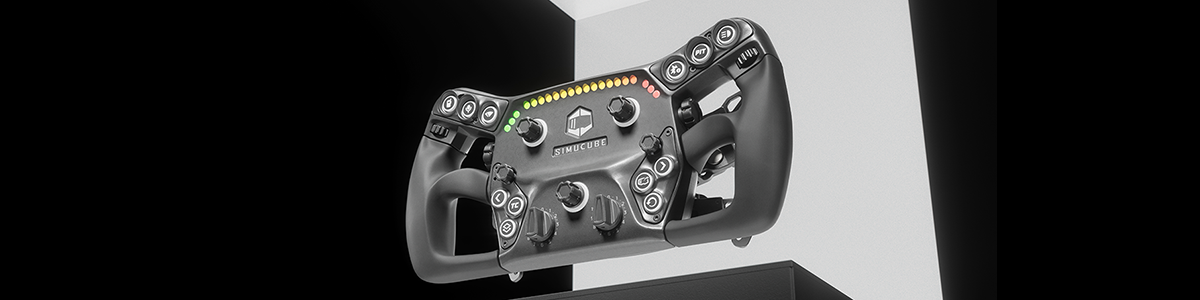 Simucube Savu Pro render, floating over a dark pedestal with a black and white angular background.