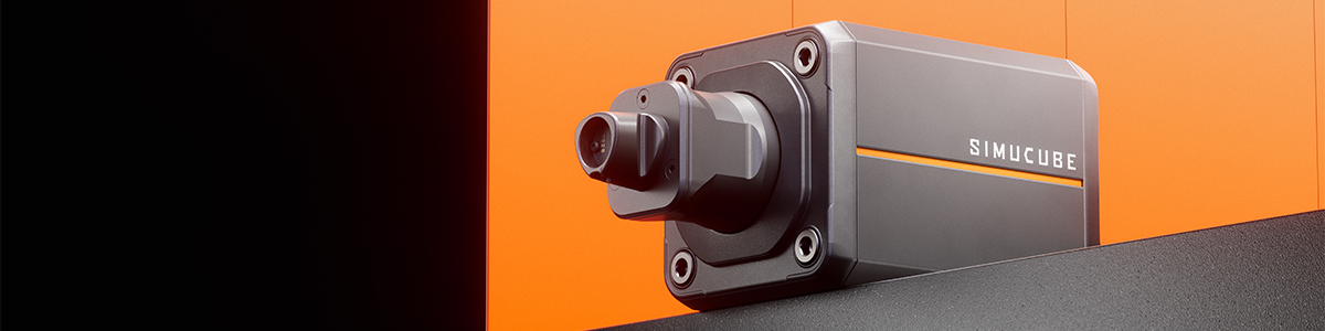 Key visual of Simucube 3 Pro wheelbase on top of platform with orange background.