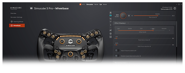 Simucube Tuner 3.0 software, highlighting advanced tuning controls for Simucube devices