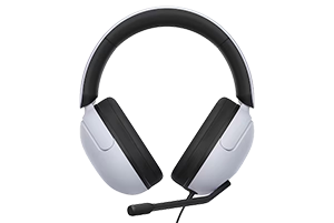 Headset with mic flipped down to speak