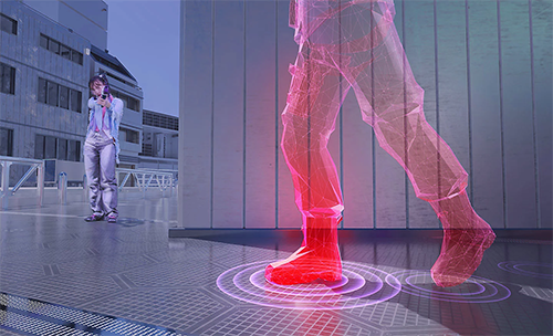 Image of a person walking and soundwaves coming from their feet
