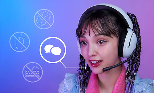 Image of a woman speaking into the headset microphone
