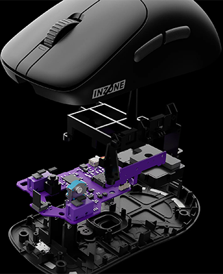 INZONE mouse exploded vertically, revealing internal components.