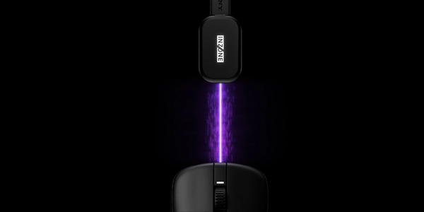 Wireless dongle at the top and mouse at the bottom with illustration of purple laser beam connecting the two.