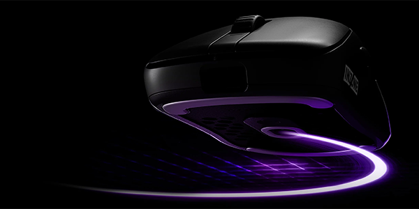 Front bottom angle of mouse illustrated with purple neon light bending out of the sensor.