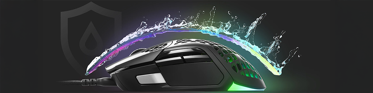 Side angle of Aerox 5 mouse with water effect curving above its surface.