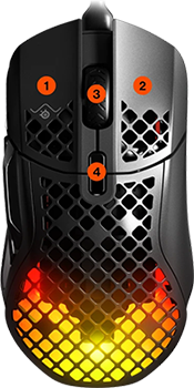 Top-down angle of the Aerox 5 mouse with number markers, highlighting programmable buttons.