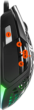 Side angle of the Aerox 5 mouse with number markers, highlighting programmable buttons.