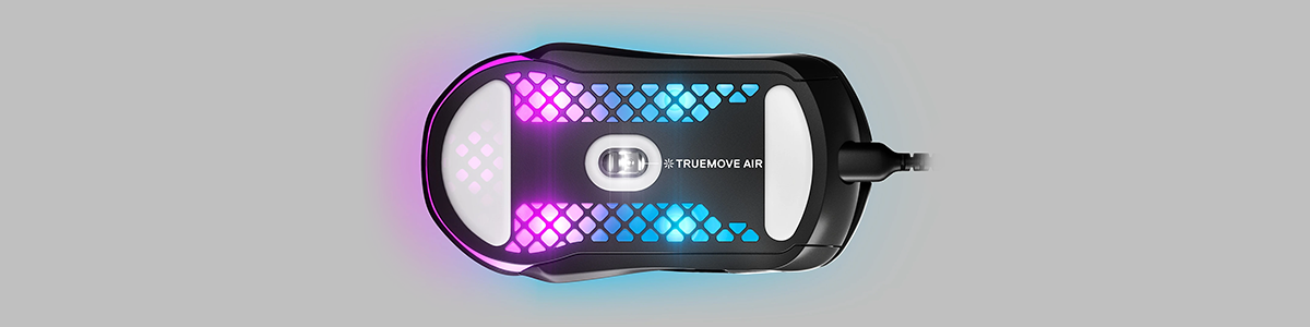 Zoomed view of back of Aerox 5 with TrueMove Air Sensor and RGB lighting.