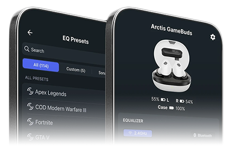 Two smartphones with Arctis Companion App on-screen showing EQ Presets and GameBud settings.
