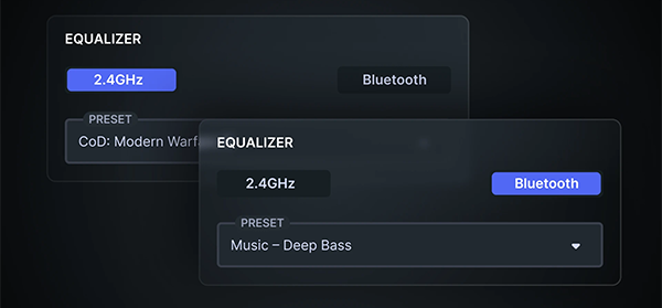 Gaming preset switch between 2.4GHz and Bluetooth connections.