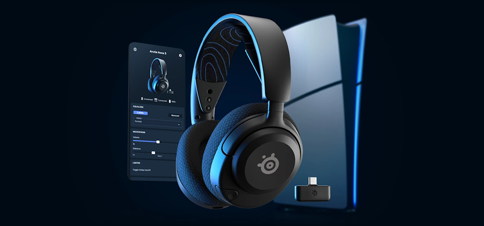 Key visual of Arctis Nova 5 headset and wireless dongle, connected to a smartphone next to Playstation 5