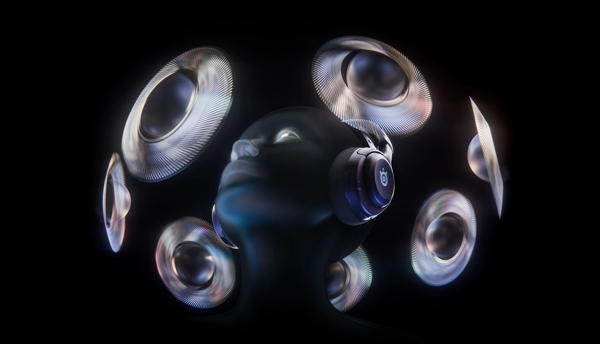 Graphic of person wearing headphones surrounded by drivers to represent spatial audio
