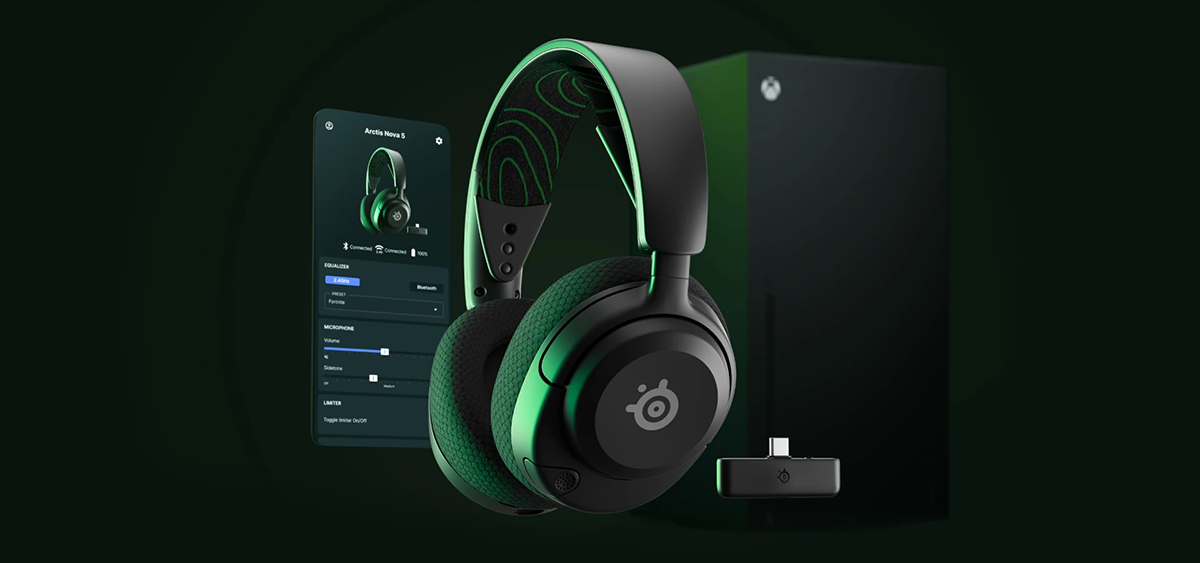 Key visual of Arctis Nova 5 headset and wireless dongle, connected to a smartphone next to Xbox Series X