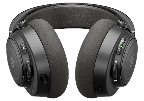 Headphones laid down horizontally with buttons and headband visible