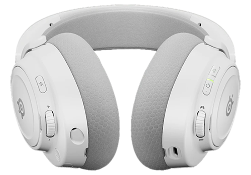 Headphones laid down horizontally with buttons and headband visible