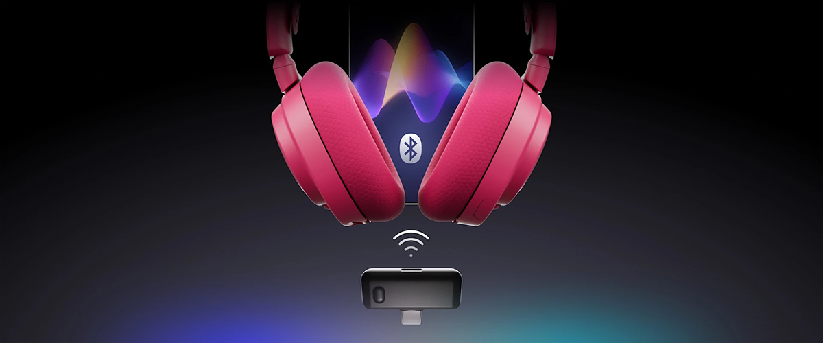 Headphones with bluetooth symbol on top of dongle with wireless symbol