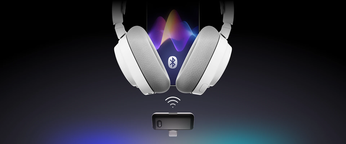 Headphones with bluetooth symbol on top of dongle with wireless symbol