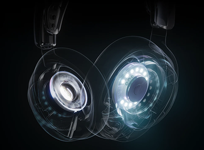 Transparent outline of headphones with drivers glowing blue
