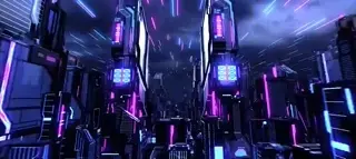 Flying through futuristic city animation.