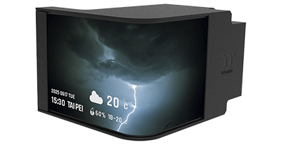 Curved AMOLED Display with weather and time on screen.