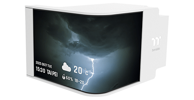 Curved AMOLED Display with weather and time on screen.