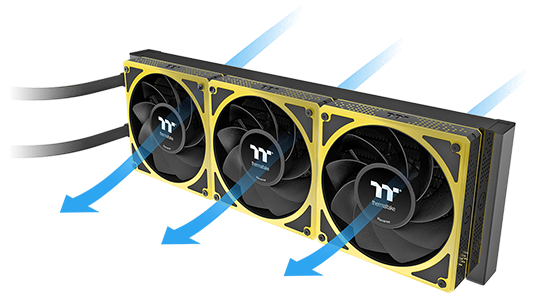 Reverse blade fan design illustrated with airflow arrows passing into the back and exiting from the front.