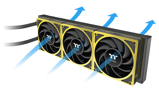 Standard blade fan design illustrated with airflow arrows passing into the front and exiting from the back.