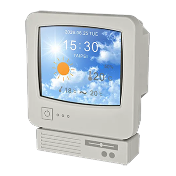 Date, time and weather information with sunny sky background.