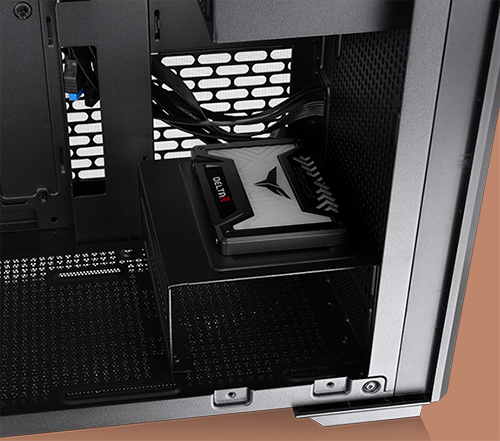 Close up image of an SSD drive on top of the HDD drive cage
