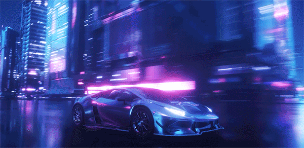 Cyberpunk car driving through city.