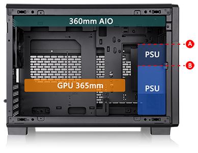 Diagram of radiator and GPU compatibility when 5.25-inch bay is not in use.