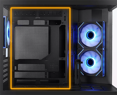 Image of case with motherboard space in a highlighted area