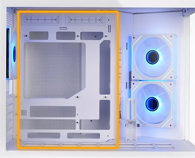 Image of case with motherboard space in a highlighted area