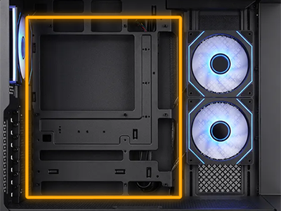Image of case with motherboard space in a highlighted area