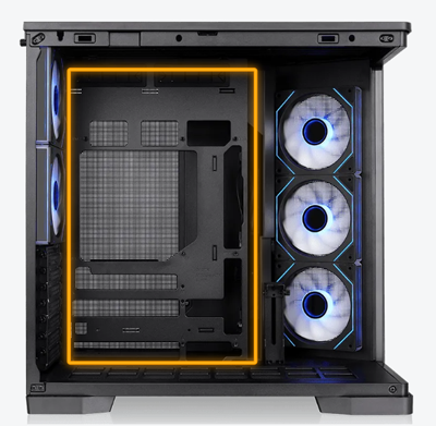 Image of case with motherboard space in a highlighted area