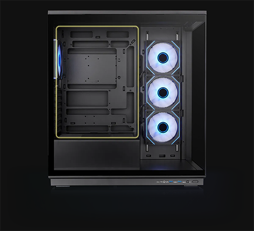Image of case with motherboard space in a highlighted area