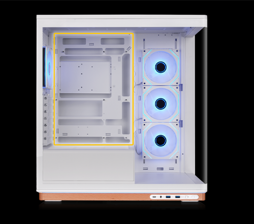 Image of case with motherboard space in a highlighted area