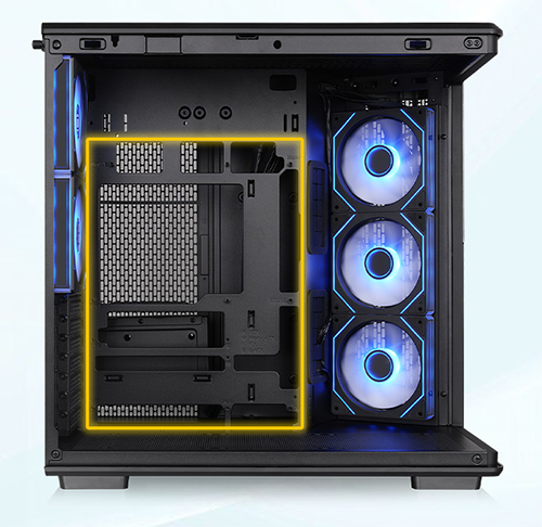 Image of case with motherboard space in a highlighted area