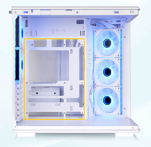 Image of case with motherboard space in a highlighted area