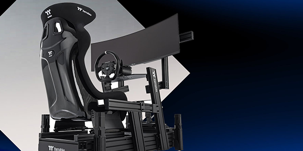 Rear angle of S700 GT racing seat with full racing sim setup.