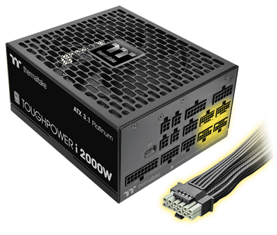 angled view of power supply with four 12v2x6 connectors highlighted with cable fading in from the side below