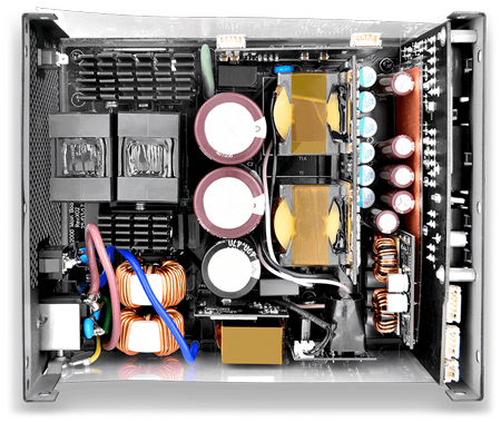 Birds' eye view of disassembled PSU revealing inside electronics