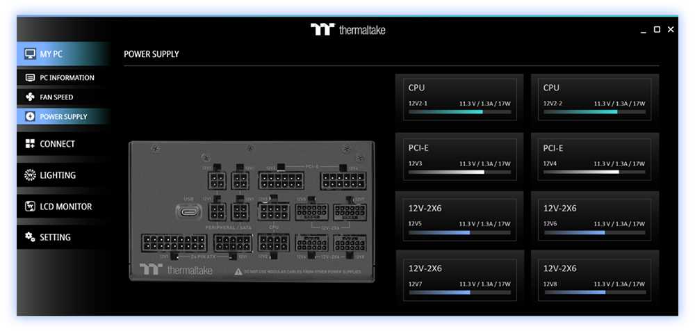 Thermaltake DPS G software showing voltages of each connector