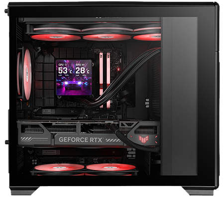 Side view of case with PC build inside featuring an LCD AIO, red fans and ASUS TUF GAMING NVIDIA GPU