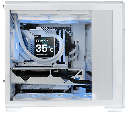 Side view of case with PC build inside featuring an LCD AIO, red fans and ASUS TUF GAMING NVIDIA GPU