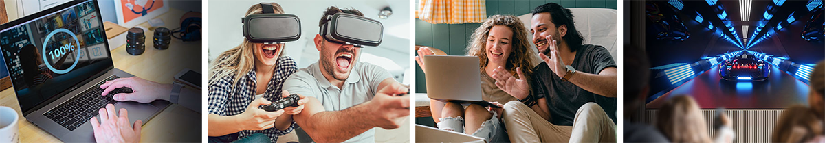 Multiple images of users at home enjoying the benefits of WiFi 7 through gaming, streaming and downloading files.