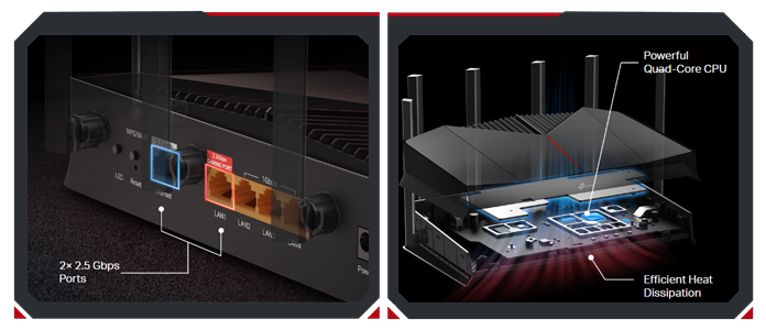 Two images of the Archer GE400 router showing rear ports and premium internal components.