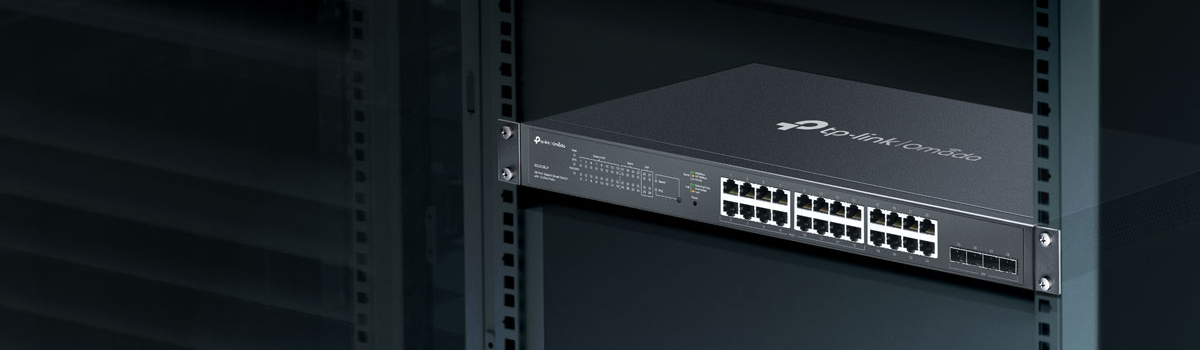Key visual of Omada 28 port smart switch fixed into a rack.
