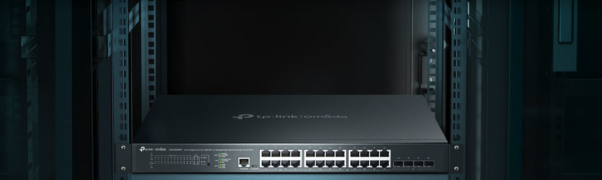 Key visual of Omada 28 port smart switch fixed into a rack.